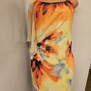 Bisou Bisou Vibrant One Shoulder Dress in Orange and Yellow